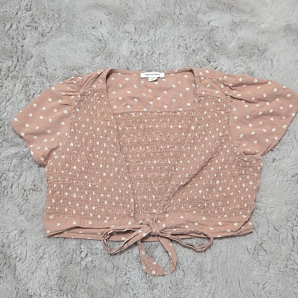 American Eagle Outfitters tan tie front floral blouse size L - Picture 1 of 8